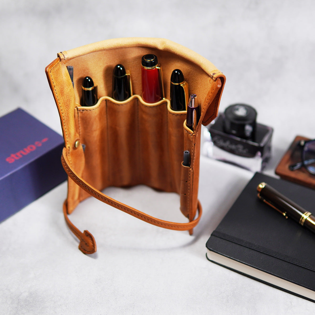 高さ180mm_5本】STRUO 万年筆 ペンケース 5本 革 インクカートリッジ