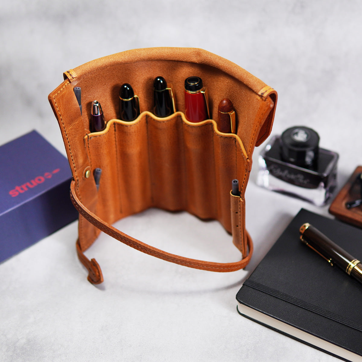 高さ180mm_6本】STRUO 万年筆 ペンケース 革 6本 大容量 ロールペン